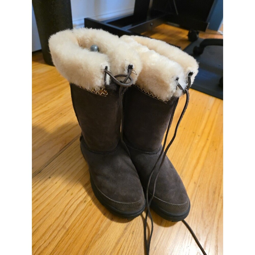 UGG Ultimate Cuff Women Size 7 EU 38 Brown Suede Shearling Drawstring Boots